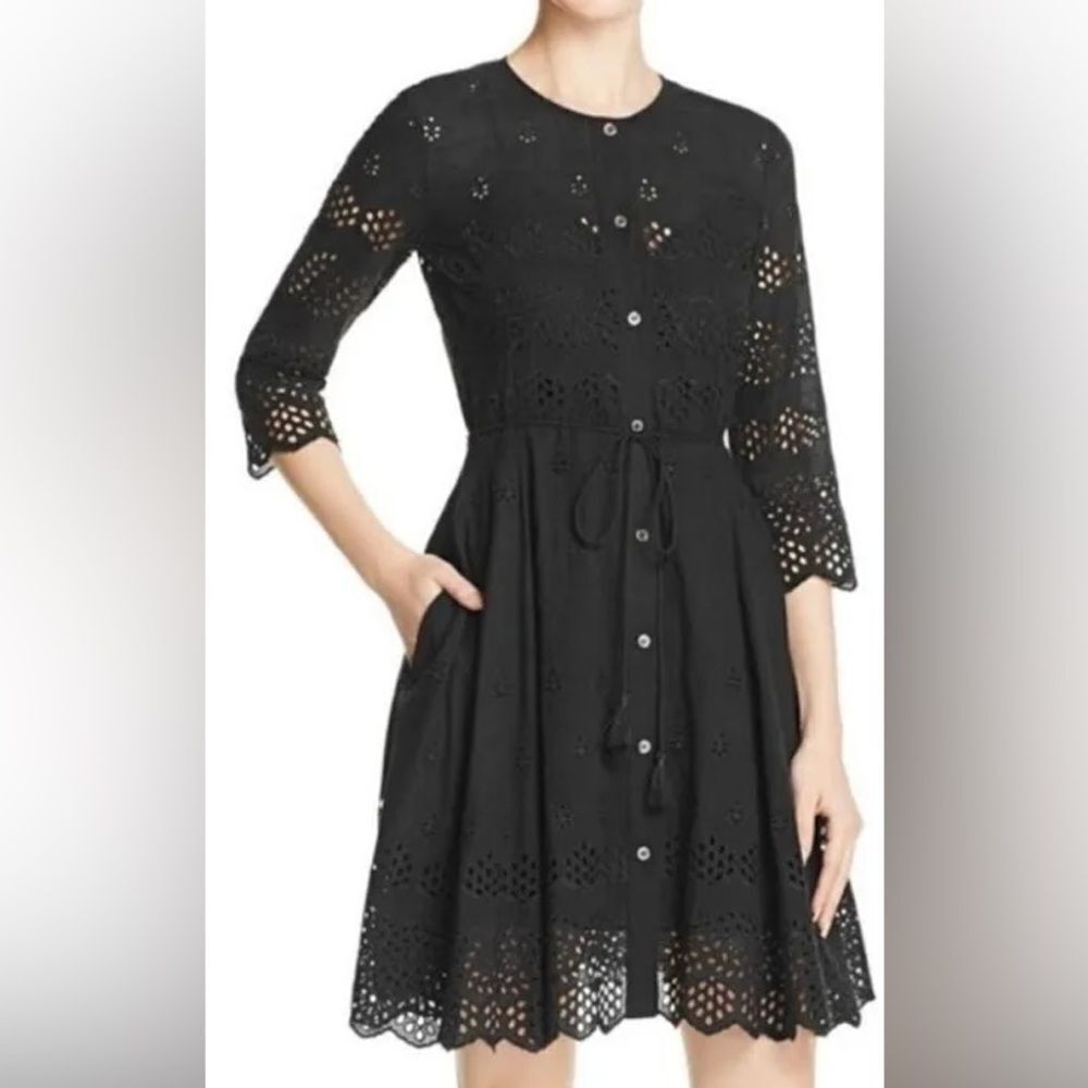 Theory Kalsingas Black Eyelet Embroidered Cotton Shirtdress. Size 00.